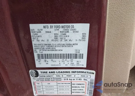 2009 Ford F-150 Fx4/King Ranch/Lariat/Platinum/Xl/Xlt из США, поврежденный, VIN 1FTPW14V09KB81434